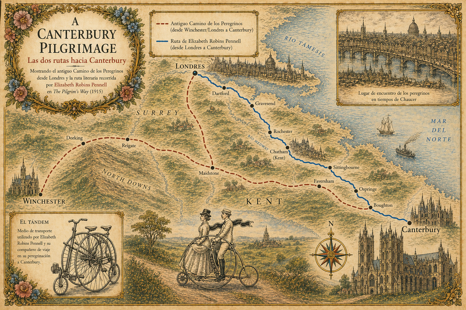 Mapa de la ruta en tándem de Elizabeth Robins Pennell desde Winchester hasta Canterbury, 1884